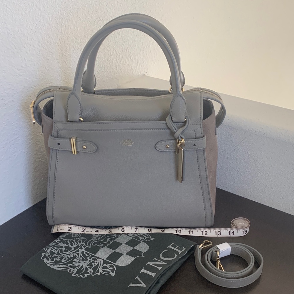 Vince Camston Elegant Gray Leather & Suede Satchel.